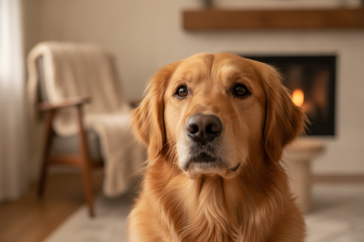 Chienne de race moyenne au regard attentif, photographiée en gros plan dans une ambiance calme et bienveillante.