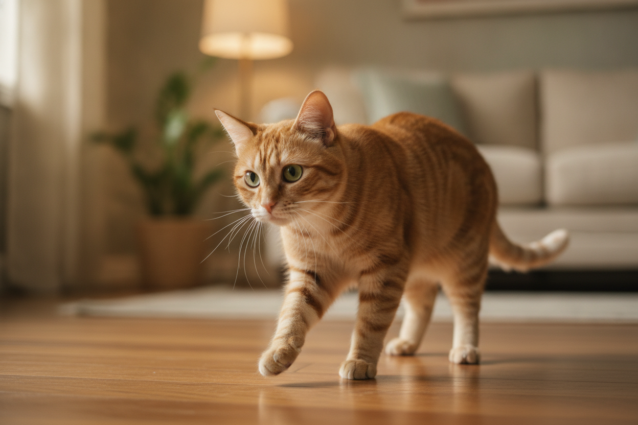 Chat aux prises avec un problème d'équilibre, posture hésitante et démarche instable.