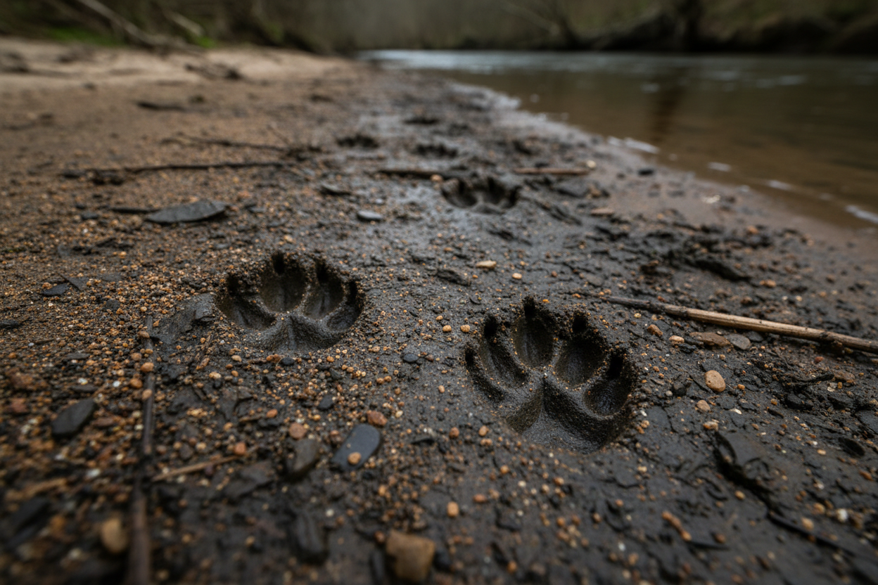 Empreintes de loutre nettes dans la boue humide d'une rive, avec cinq doigts et griffes visibles.