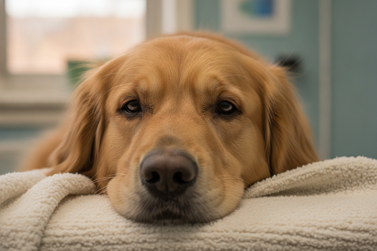 Chien fatigué et abattu reposant sur un tissu doux, présentant les signes d'une fièvre.