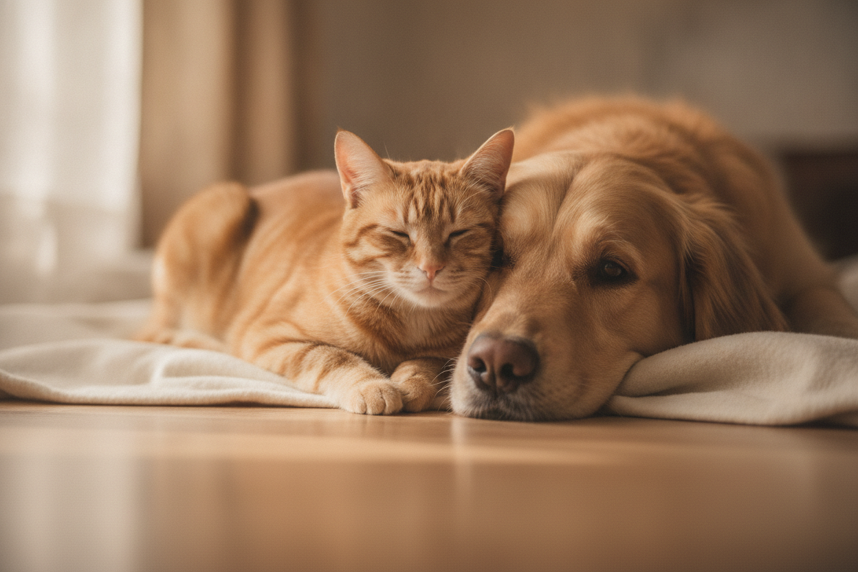 Chat et chien assis ensemble paisiblement dans une lumière naturelle douce et chaleureuse