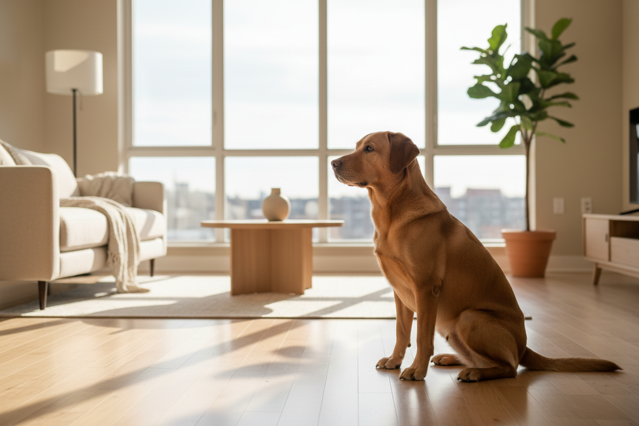 Labrador heureux dans un appartement moderne bien éclairé, symbole d'adaptation positive.