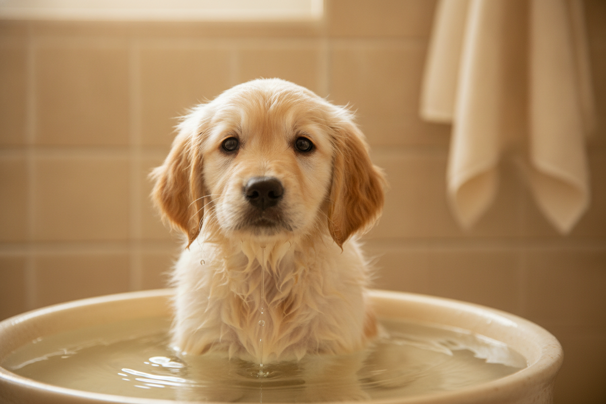 Premier bain d’un chiot : à quel âge et comment le laver sans stress