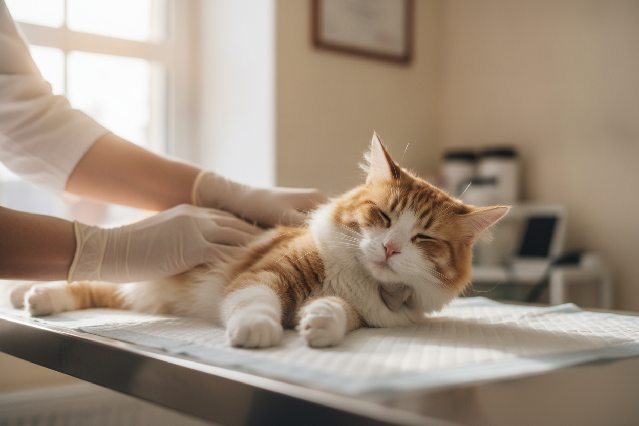 Vétérinaire examinant un chat lors d'une consultation médicale dans une clinique.