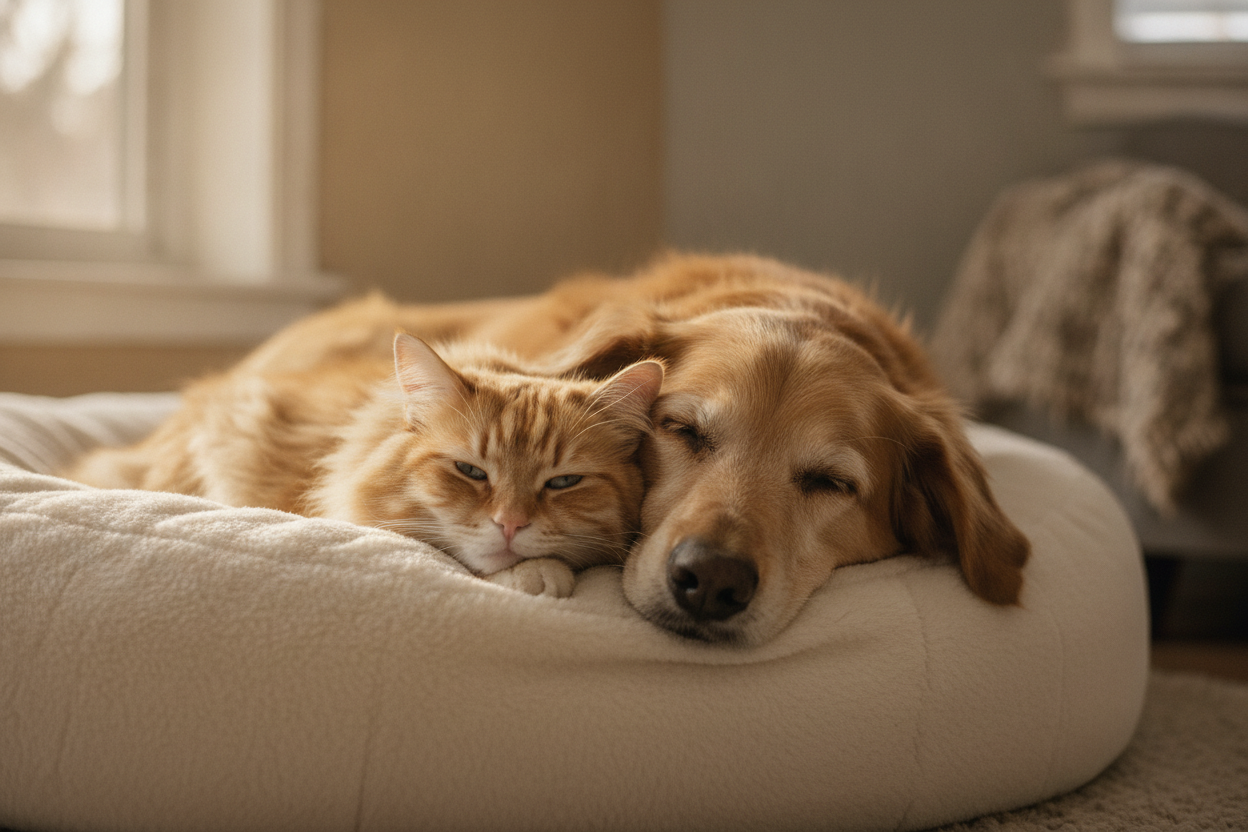 Chat et chien âgés reposant paisiblement ensemble dans un environnement calme et apaisant.