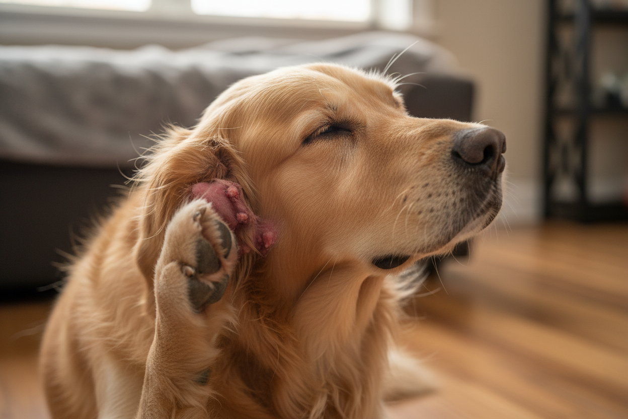 Chien se grattant l'oreille avec inflammation visible, illustration du mal aux oreilles canin.