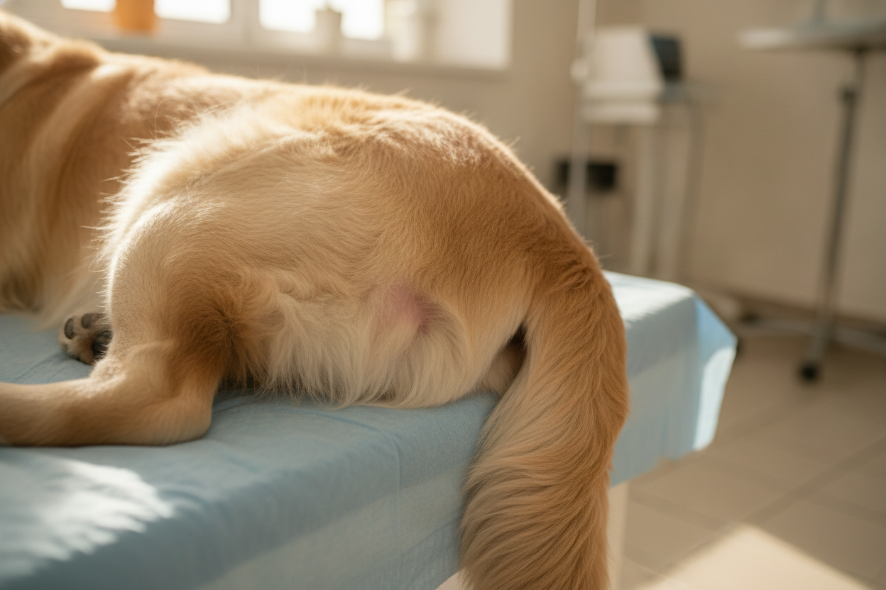 Gros plan sur la zone géniale d'un chien mâle montrant une irritation testiculaire légère.
