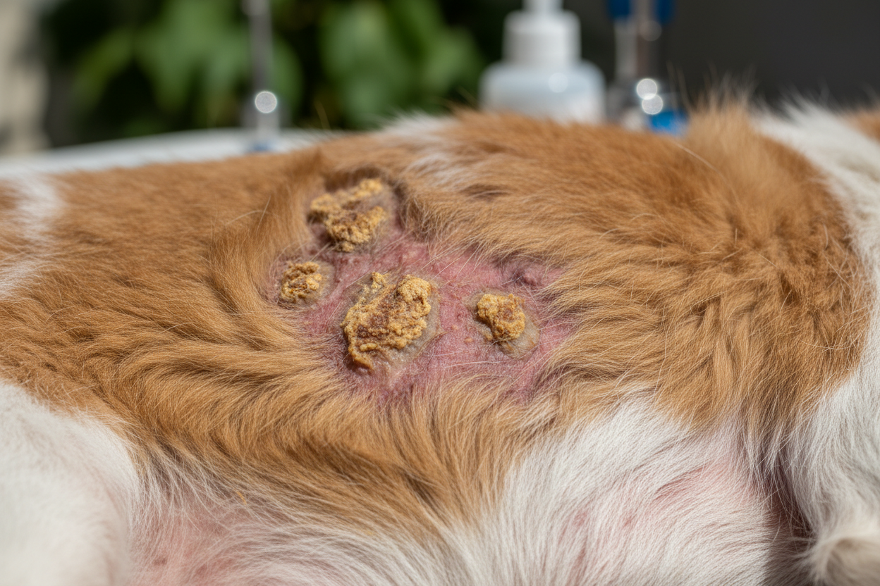 Gros plan de la peau irritée d'un chien avec des croûtes visibles sur le pelage