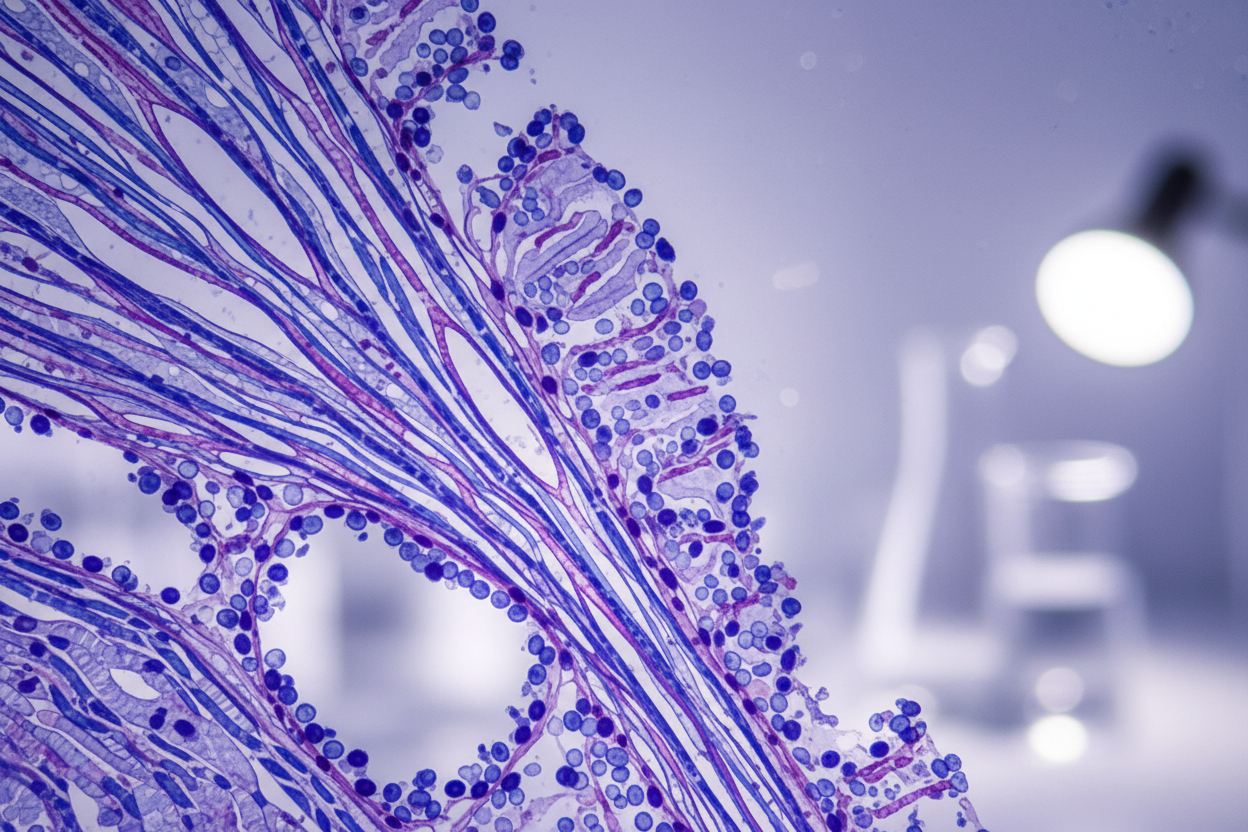 Vue microscopique de cellules fibroblastes et fibres de collagène en structures conjonctives détaillées.