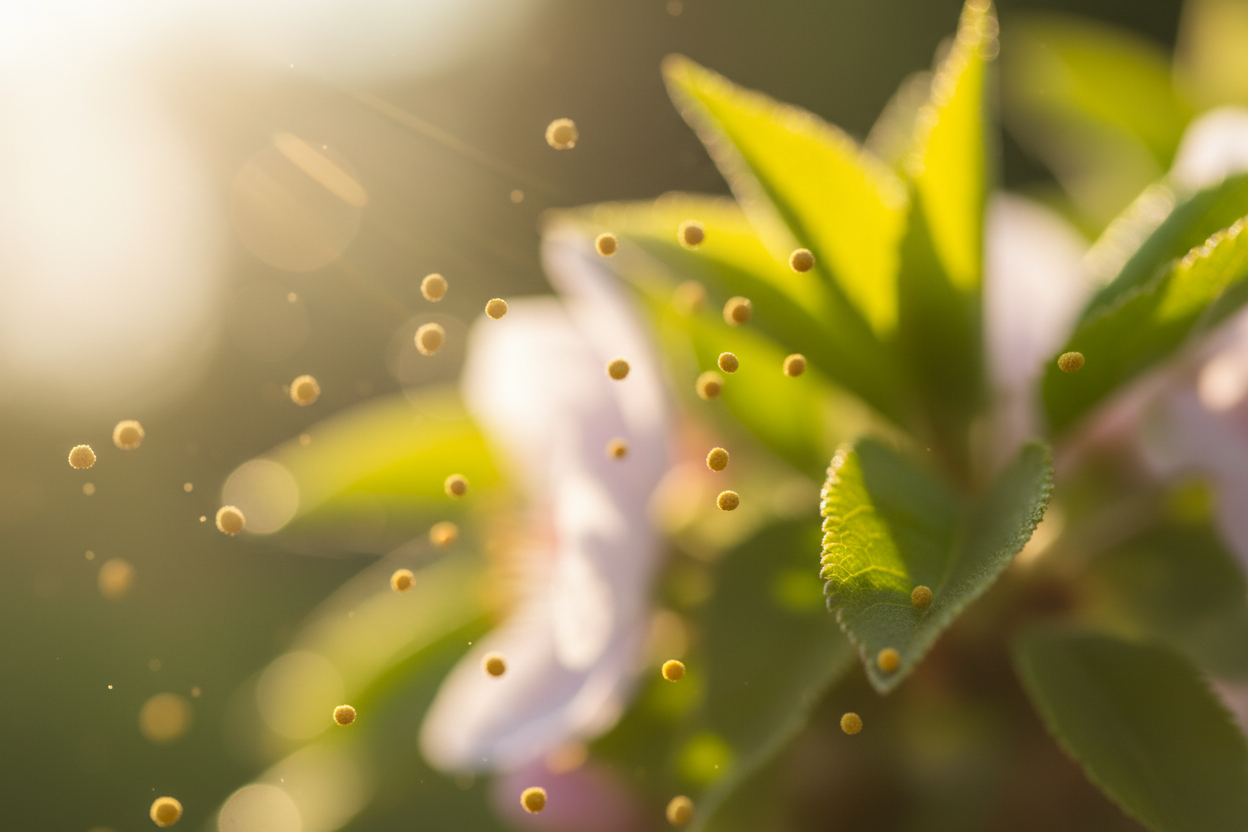 Grains de pollen dorés flottant dans la lumière du printemps avec feuilles vertes floues en arrière-plan.