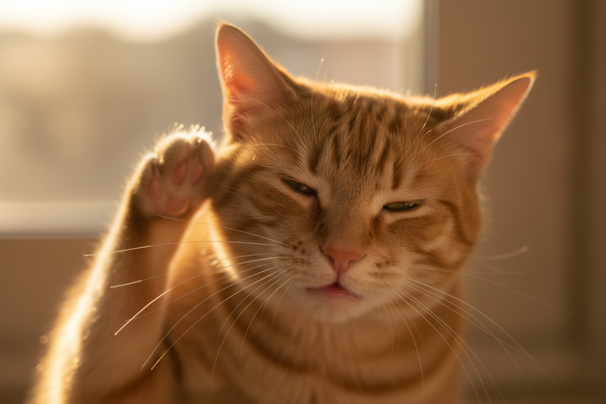 Chat se grattant l'oreille montrant les signes d'infestation parasitaire et d'inconfort cutané.